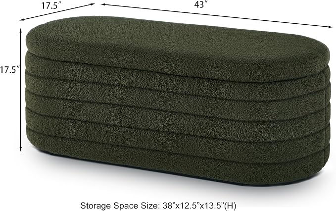 Ball & Cast Storage Bench, Upholstered Oval Ottoman, End of Bed Stool with Safety Hinge for Bedroom, Living Room, Entryway, Teddy Fabric, Dark Green