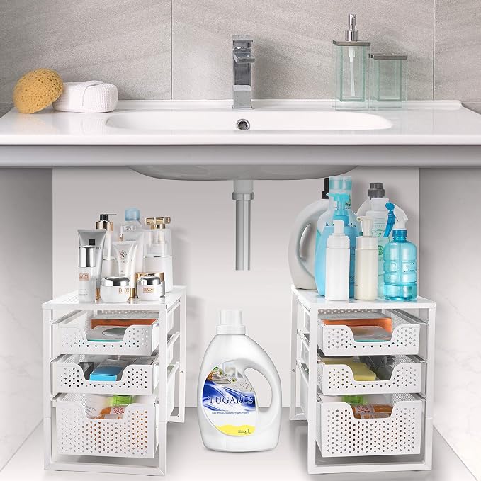 Simple Trending 3-Tier Under Sink Organizer with Sliding Storage Drawer | Metal Cabinet Organizer, Multi-Purpose Desktop Organizer for Kitchen Bathroom Office, Stackbale, Space Saving, White
