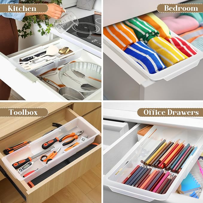 1 Pack Adjustable Deep Drawer Organizer Storage Bin(17" to 27”) | Expandable Drawer Storage, Adjustable Size, Kitchen Cabinet Organization
