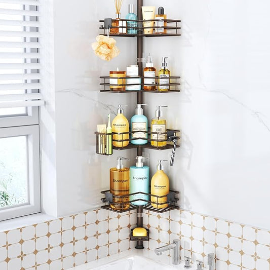 HapiRm Corner Shower Caddy Organizer - Shower Organizer Corner with Soap Holder, Toothbrush Holder and 4 Hooks, Rustproof Bathroom Shelf Tension Pole Available for 27.6 to 108.3 Inch - Bronze