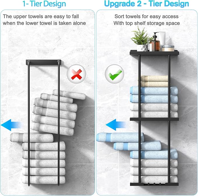 Towel Rack for Bathroom, Wall Mounted Vertical Rolled Towel Storage Organizer Holder with Shelf, Holds Up 6 Large Bath Sheets, Black Large Size