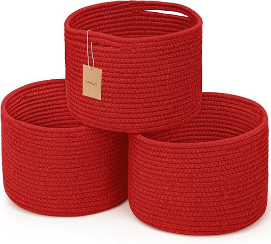 3 Pack Small Rope Storage Baskets, 9.82×9.82×7.1", Red | Cotton Basket for Gifts Empty, Cute Round Woven Basket, Decorative Shelf Basket Organizer, Organizing Basket for Shelves