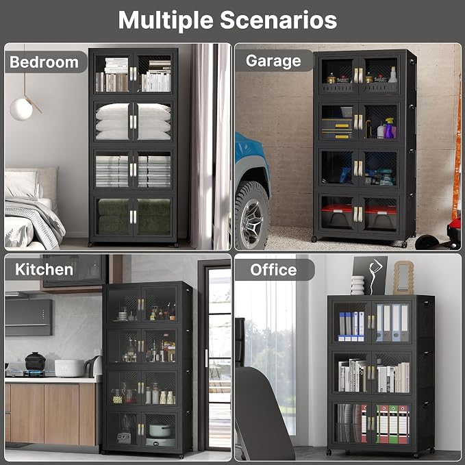 Stackable Storage Bins with Lids, 360QT Extra Large Storage Cabinet | Clear Doors, Foldable Storage Drawers, Heavy Duty, Collapsible Closet Organizers for Bedroom Office (2, Black, 180, Quarts)