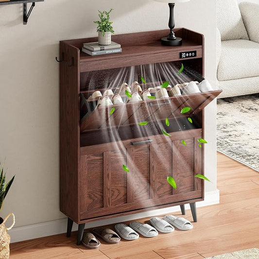 ChooChoo Shoe Storage Cabinet with 2 Flip Drawers and Deodorizer | Shoe Organizer Storage for Entryway, Freestanding Hidden Slim Narrow Shoe Rack Cabinet, Walnut