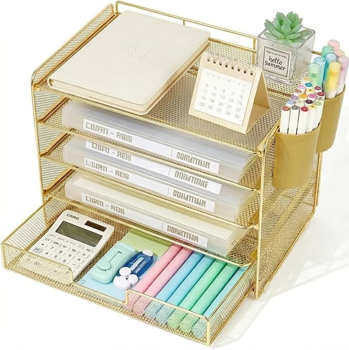 LEKETREE Desk Organizers and Accessories, 5-Tier Paper Letter Tray Organizer with Drawer & 2 Pen Holders, Desktop Organizer for Office Supplies (Gold)