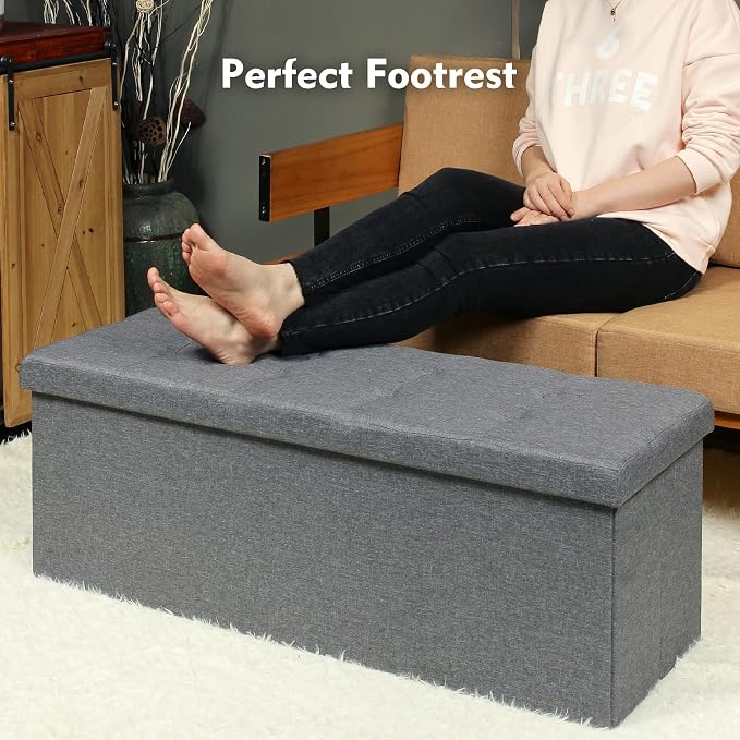 PINPLUS Folding Storage Ottoman Bench, Grey Linen Long Ottoman Chest Foot Rest Stool with Padded Seat, Chest with Cover, Bedroom Bench with Storage, 43.3inches