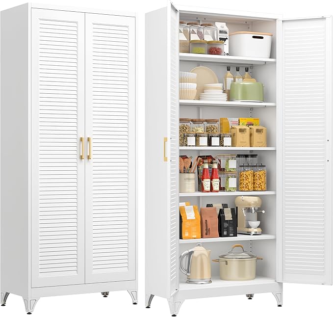 75" Tall White Metal Storage Cabinet with Doors, Heavy Duty | Freestanding Louvered Door Kitchen Pantry Cabinet, 5 Shelves (180 Lbs Load), Tall Steel Cabinets for Home and Office