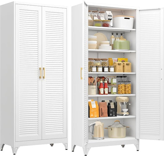 75" Tall White Metal Storage Cabinet with Doors, Heavy Duty | Freestanding Louvered Door Kitchen Pantry Cabinet, 5 Shelves (180 Lbs Load), Tall Steel Cabinets for Home and Office