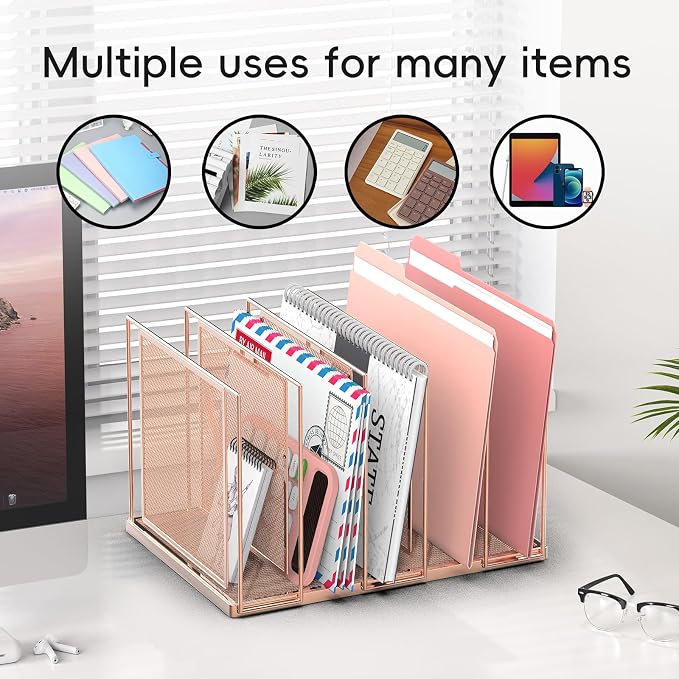 File Organizer for Desk, 5-Section Vertical File Sorter, Paper Holder Organizer Standing Metal File Folder for Office Home Classroom, Rose Gold