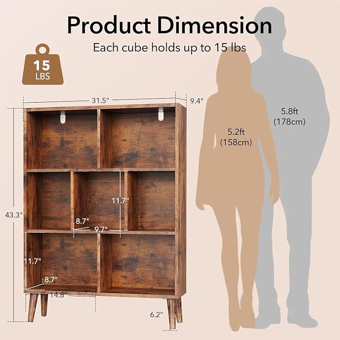 HealSmart 7 Cube Storage Organizer, 3 Tier Bookshelf with Legs, Free Standing Cube Bookcase for Living Room, Bedroom, Office, Brown