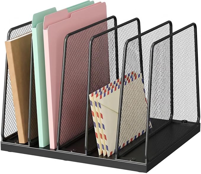 LEKETREE Desk File Organizer, 5-Section Upright File Sorter, Vertical File Folder Holder, Mesh Metal Wood Office Desktop Organization for Document, Magazine, Books and more (Black)