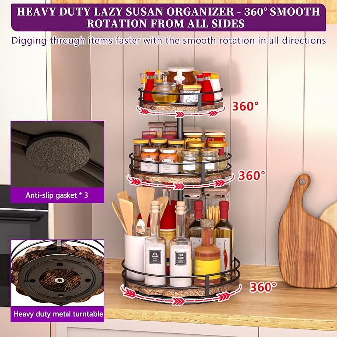 Heavy-Duty 3-Tier Lazy Susan Organizer, Adjustable to Different Heights, Countertop Spice Rack, Upgraded Thickened Wooden Board, Suitable for Seasoning Organizer, Kitchen Organization（2 Pack）