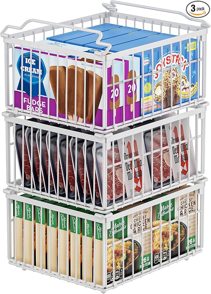 Freezer Organizer Bins, 3 Pack Enlarged Baskets for 5-9 Cu.FT Deep Freezer | Stackable Chest Freezer Organizer Bins, Foldable with Handles, White Storage Container Baskets for Sort Frozen Meats