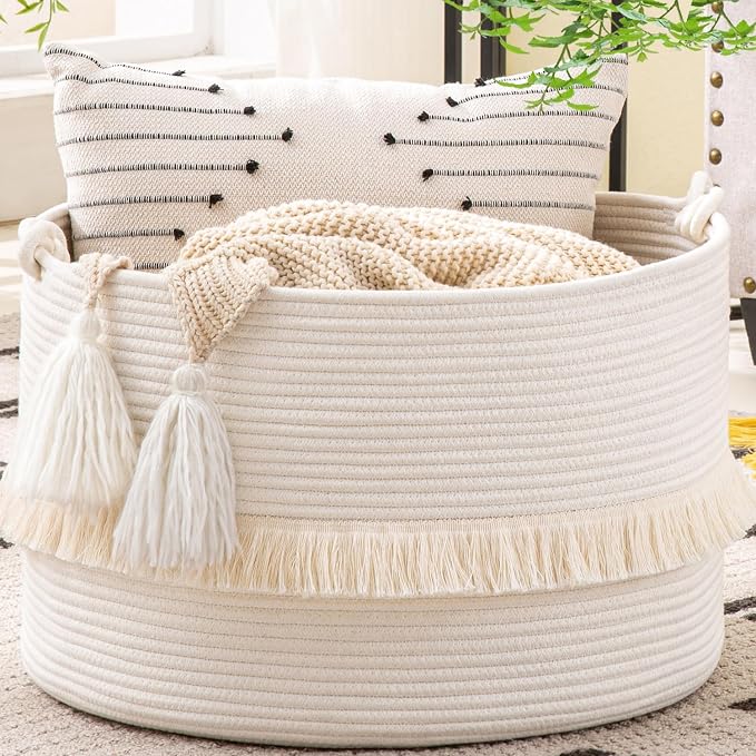 KAKAMAY Large Blanket Basket (20"x13"),Woven Baskets for storage Baby Laundry Hamper, Cotton Rope Blanket Basket for Living Room, Laundry, Nursery, Pillows, Baby Toy chest (White) | Extra Large Capacity | Natural Cotton Rope | Blanket Storage | Woven S...