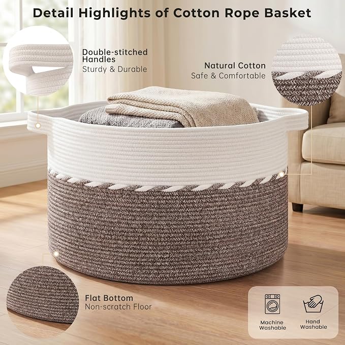 OIAHOMY 90L Extra Large Blanket Basket - Decorative Cotton Rope Storage Basket for Bedroom, Living Room & Nursery - Woven Laundry Hamper for Organizing Blankets, Clothes & Toys - Brown & White