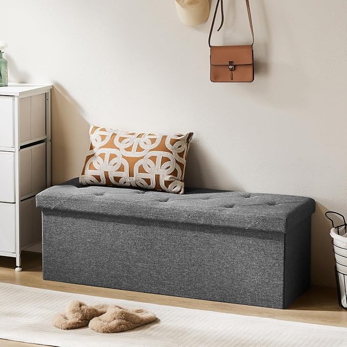 DUMOS 43 Inch Folding Storage Ottoman Bench, Large Ottoman with Storage | Storage Chest with Thicker Foam Padded Seat, End of Bed Foot Rest Stool for Bedroom Living Room Entryway, Load 660 lbs, Grey