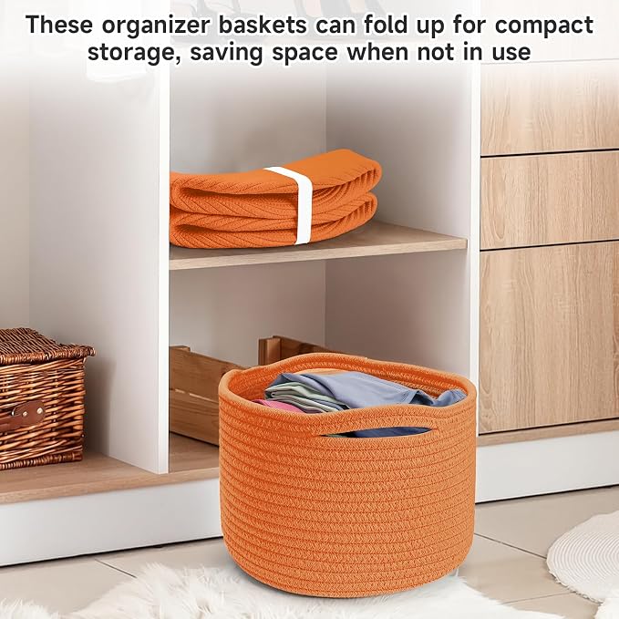 3 Pack Small Rope Storage Baskets, 9.82×9.82×7.1", Orange | Cotton Basket for Gifts Empty, Cute Round Woven Basket, Decorative Shelf Basket Organizer, Organizing Basket for Shelves