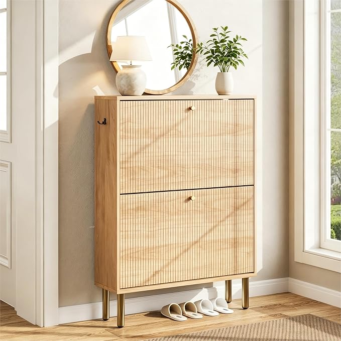 Shoe Storage Cabinet for Entryway - Ultra Slim Shoe Cabinet with Tiered Fluted Design - Modern Shoe Organizer for Entryway with Gold Legs, Hidden Shoe Rack for Small Spaces, Fits Men's Size 13.5