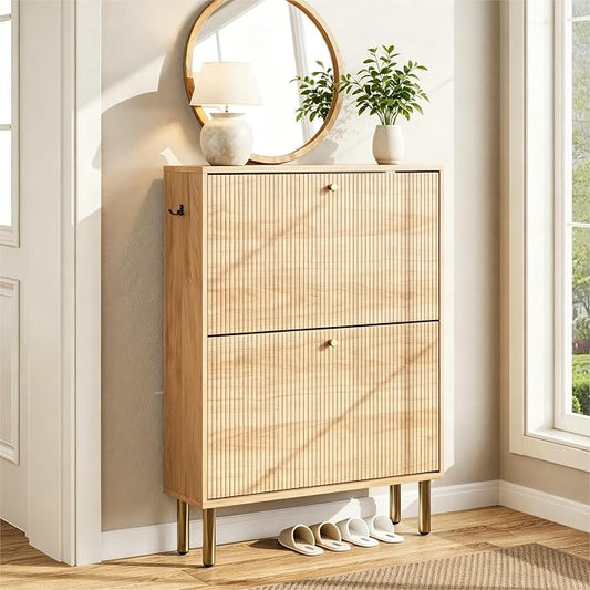 Shoe Storage Cabinet for Entryway - Ultra Slim Shoe Cabinet with Tiered Fluted Design - Modern Shoe Organizer for Entryway with Gold Legs, Hidden Shoe Rack for Small Spaces, Fits Men's Size 13.5