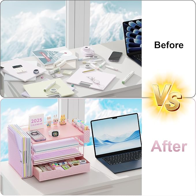 gianotter Wood Desk Organizers and Accessories with File Holder, 4-Tier Desk Accessories & Workspace Organizers with Drawer and Pen Holder, Desk Reference Organizer (Pink, 4T with Drawer)