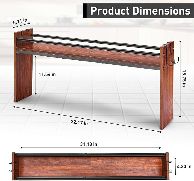 Spice Rack Shelf for Kitchen Stove, Over The Stove Shelf with 4 Hooks, Premium Wood & Metal Commbined Spice Rack Organizer Extra Storage Countertop (Walnut)