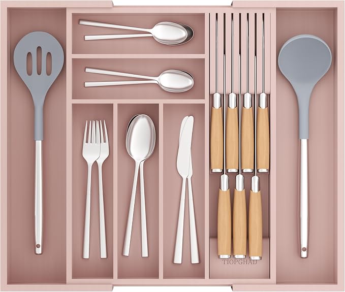 Expandable Bamboo Silverware Drawer Organizer Tray, Grey Pink | Removable Knife Block, Holds 7 Knives, Adjustable Dividers, 12.6-21.45 x 16.3 x 2.13 in, Drawer Insert for Utensils, Forks