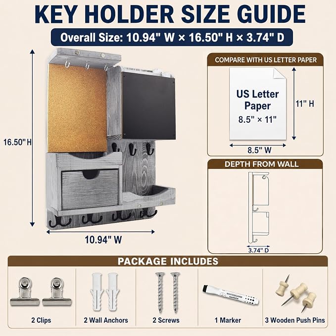 Key Holder Wall Mount， Mail Organizer Key Holder for Wall with Shelf, Drawer, Chalkboard, Corkboard, Home Decor Wall Mounted for Room Entryway(Grey)