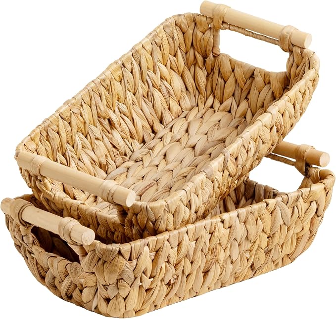 StorageWorks Hand-Woven Small Wicker Baskets, Water Hyacinth Storage Baskets with Wooden Handles, 2-Pack