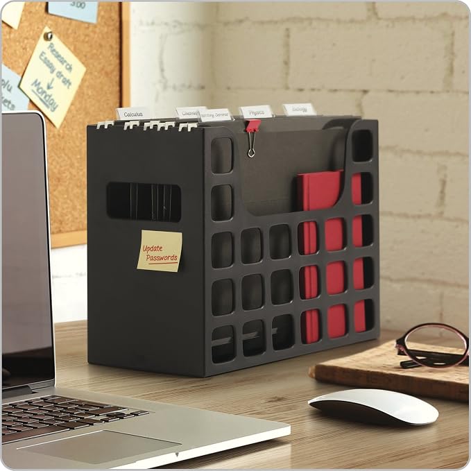 Pendaflex Portable Desktop File, Document Holder for Home and Office, Plastic Organizer Box, Side Handles, Hanging File Folders, Tabs & Inserts, Letter Size, 9-1/2 x 12-3/16 x 6 Inches, Black (23013)
