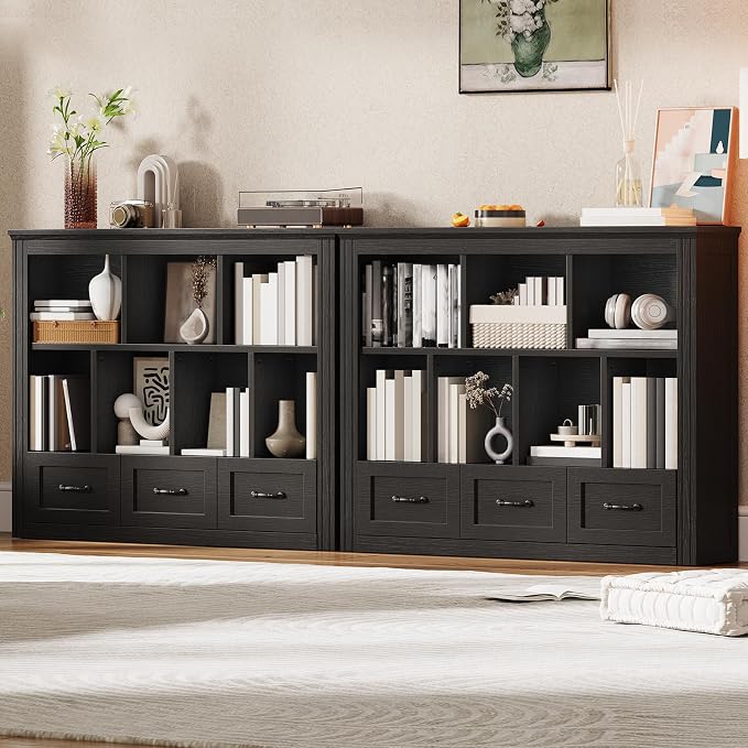 10 Cube Storage Organizer, Wooden Cubby Bookshelf, Cube Shelf Bookcase with 3 Drawers, Farmhouse Short Bookcase, 3 Tiers Floorstanding Open Bookshelf, Display Storage Shelves, Black