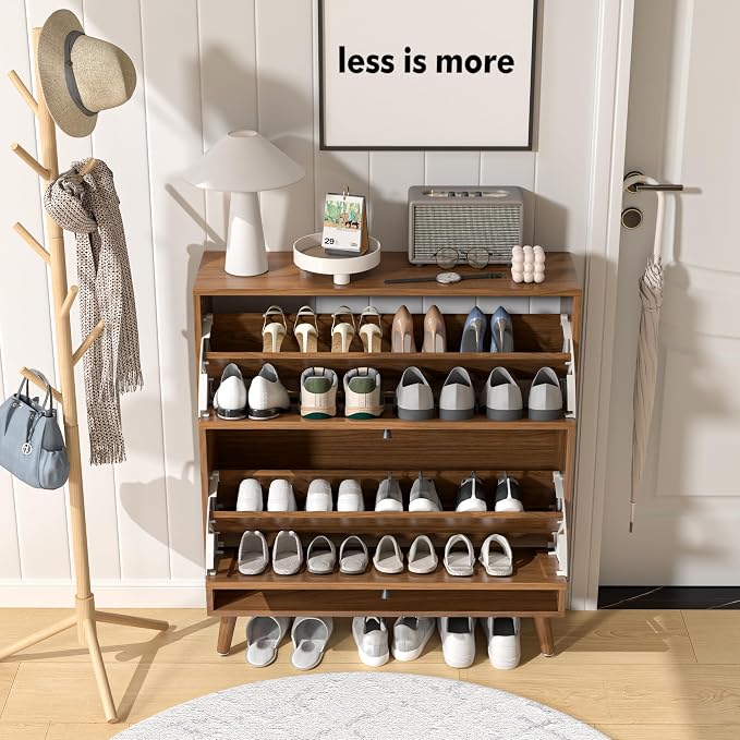 Fsbecl Shoe Storage Cabinet for Entryway with 2 Flip Drawers, Narrow Wood Shoe Cabinet with Fluted Panel, Freestanding Hidden Shoe Organizer for Hallway