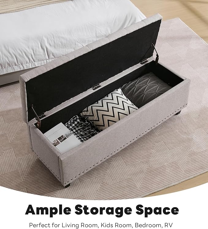 Tbfit Long Ottoman with Storage, 50.8" End of Bed Bench with Safety Hinge&Rivets, Entryway Benches Large Storage Ottoman Bench for Bedroom, Living Room, Holds up to 660 lb(Light Grey)