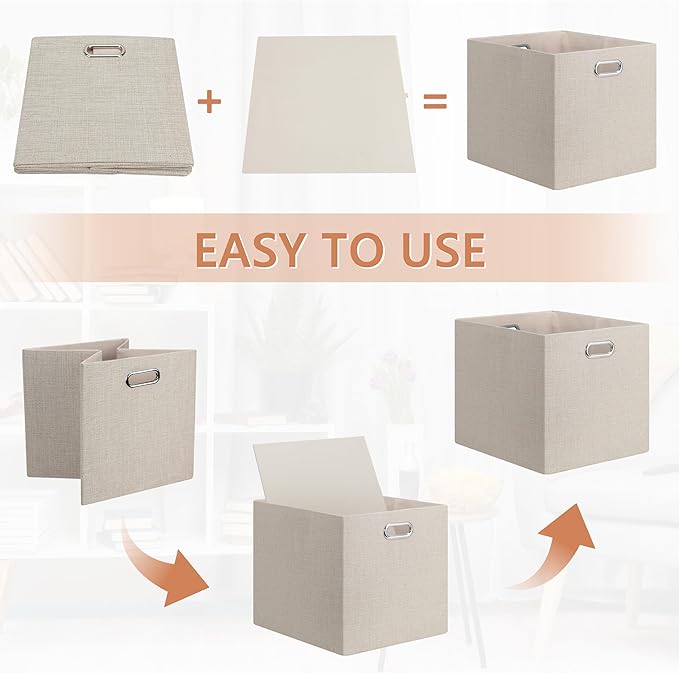 Posprica 13x15x13in Collapsible Storage Bins, Fabric Foldable Cube Storage Boxes, Decorative Storage Baskets Organizer for IKEA Kallax, Shelves, Closet, Clothes, Set of 4-Beige