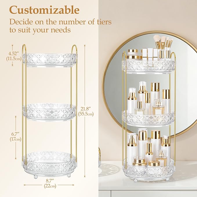 360 Rotating Makeup Organizer for Vanity, 3 Tier Adjustable Perfume Organizer for Dresser, Multi-Function Spinning Cosmetics Skincare Storage for Bedroom, Dresser, Countertop, Clear