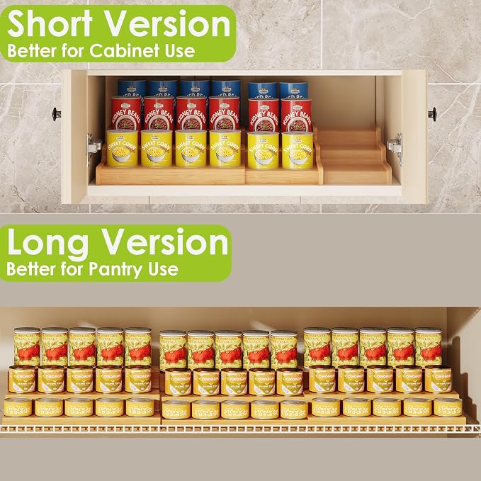 Extra-Long Bamboo Can Rack, 3-Tier Pantry Organizer, Holds 45 Cans | Designed for larger pantries, this extra-long organizer stores up to 45 standard cans while keeping every can visible.