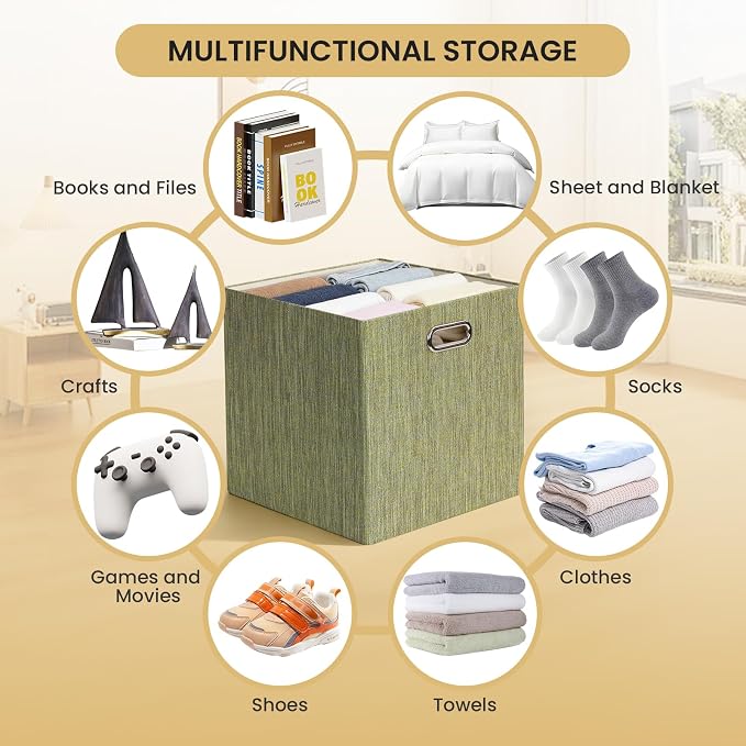 Posprica Storage Cubes, 13 x 13 x 13 Inches Fabric Bins with Double Handles | Cubes Basket Containers, For Shelf Cabinet Bookcase, Closet Organizers for Shelves, Foldable, Yellow/Brown Mixed, Set of 4