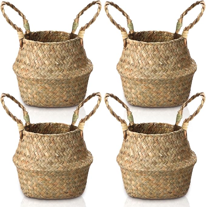 Qunclay 4 Pcs Woven Seagrass Baskets Belly Basket Folding Boho Natural Plant Pot with Handles Round Decorative Wicker Large Indoor Planter for Home Outdoor Tree Planters Decor (Xs,7.9''dx6.3''h)
