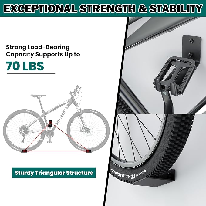 EVERHANGER Wall Mount Bike Pedal Hanger, Heavy-duty Garage Bike Rack, Horizontal Bike Hooks, Holds Up to 70LBS, 2 Pack