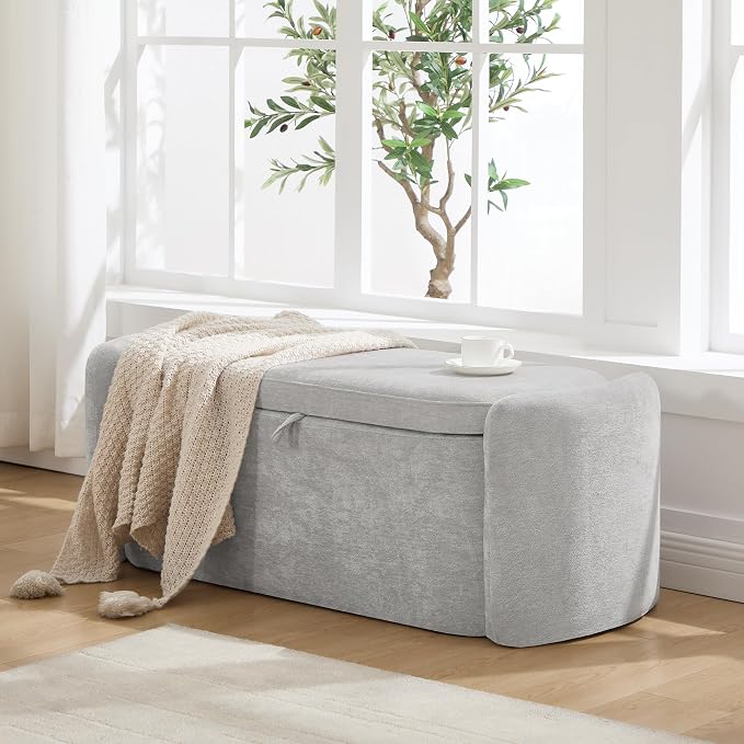 Oval Ottoman Bench with 20 Gal of Storage Space Upholstered Chenille Seat End of Bed Storage Bench Storage Ottoman with Storage for Bedroom, Living Room, Entryway, Window (Light Gray)