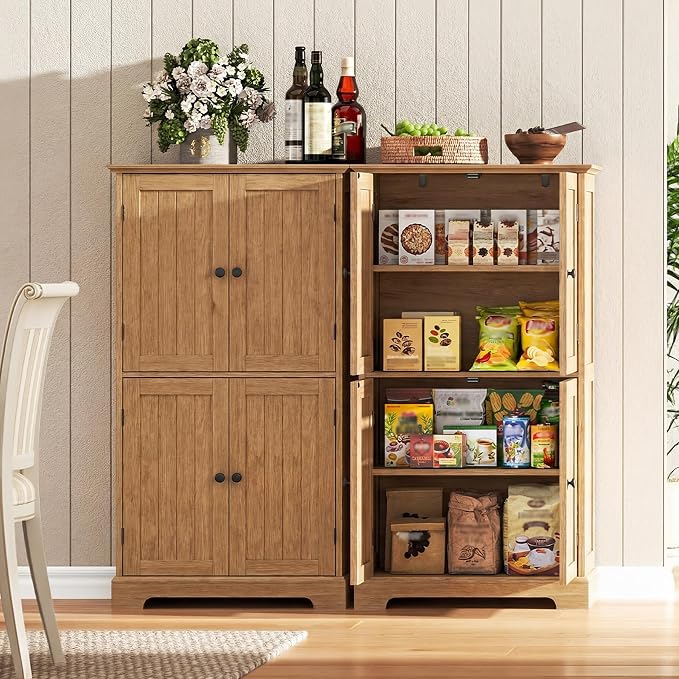 ChooChoo Bathroom Floor Cabinet with Adjustable Shelves | Bathroom Storage Cabinet, 4 Doors, Freestanding Cupboard for Living Room, Natural
