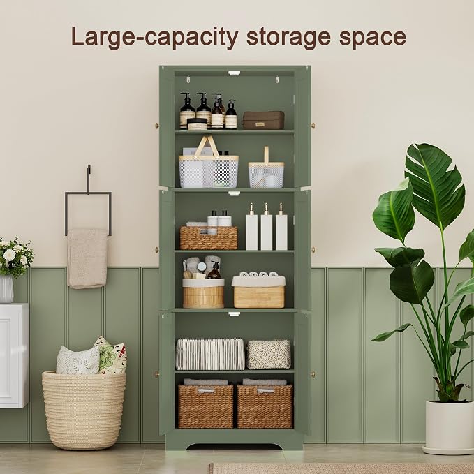 ChooChoo 63.2" Tall Bathroom Storage Cabinet with 6 Doors | Freestanding Floor Cabinet, Adjustable Shelves, Pantry Cabinet for Bathroom, Kitchen, Laundry Room, Green