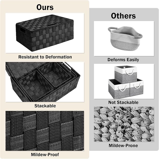 Storage Baskets with Lids: 5 Pack Stackable Woven Storage Bins, Black | Decorative Woven Baskets for Organizing with Built-In Handles for Shelves, Closets, Cabinets and Cubbies, Gift Small Basket