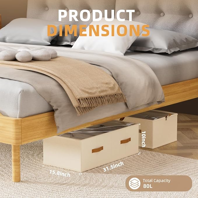 FHSQX 4 Pack Under Bed Storage Bins,10 Inch Tall,Beige, 31.5x15.8x10 inch | Clear Window, For Closet, Bed Sheets and Blankets