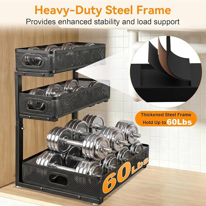 3 Tier Adjustable Under Sink Organizer for Bathroom & Kitchen(2Pack, Black) | 35% More Storage, 5 Adjustable Heights, Sliding Pull Out,No Sliding, Heavy-Duty Steel Frame, Multi-Purpose Cabinet Organizer