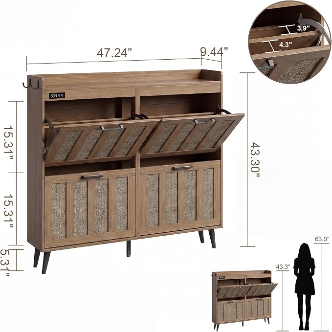 ChooChoo Shoe Storage Cabinet with 4 Flip Drawers and Deodorizer | Shoe Organizer Storage for Entryway, Freestanding Hidden Slim Narrow Shoe Rack Cabinet, Rustic Oak