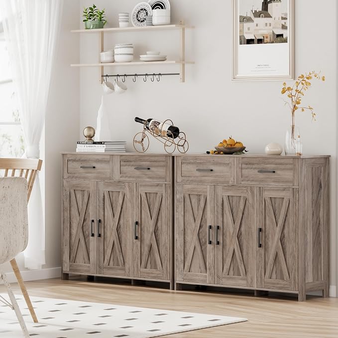 Homhedy Coffee Bar Storage Cabinet with Drawers, Kitchen Buffet Cabinet | Sideboard Cabinet with Doors, Farmhouse Buffet Cabinet, Adjustable Shelves, for Kitchen / Dining / Living Room, Greige