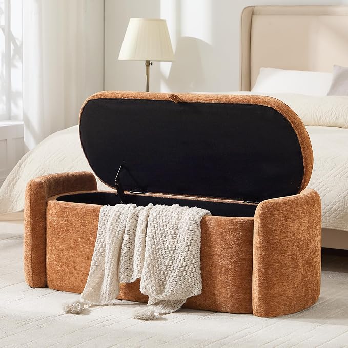 Oval Storage Ottoman Bench, 45" Upholstered Chenille End of Bed Storage Bench, Foot Rest Ottoman with Storage, Bedroom Living Room and Hallway,Orange