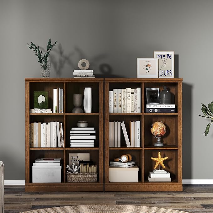 3 Tiers 6 Cube Storage Organizer Bookcase, 30 inch Width Wooden Book Shelf | 6 Storage Cube Adjustable Space Book Case, Vertical Bookshelf Display Cabinet Organizer for Home Library Office, Vintage Oak