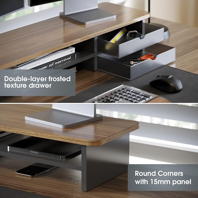 Fenge Monitor Stand, Desk Computer Riser with Frosted Storage Drawer, Brown | 42.5 Inch Dual Monitor Riser, 2 Tiers, Cable Management, Desk Shelf for 2 Monitors, Ultrawide Screen, Laptop, TV, Home Office
