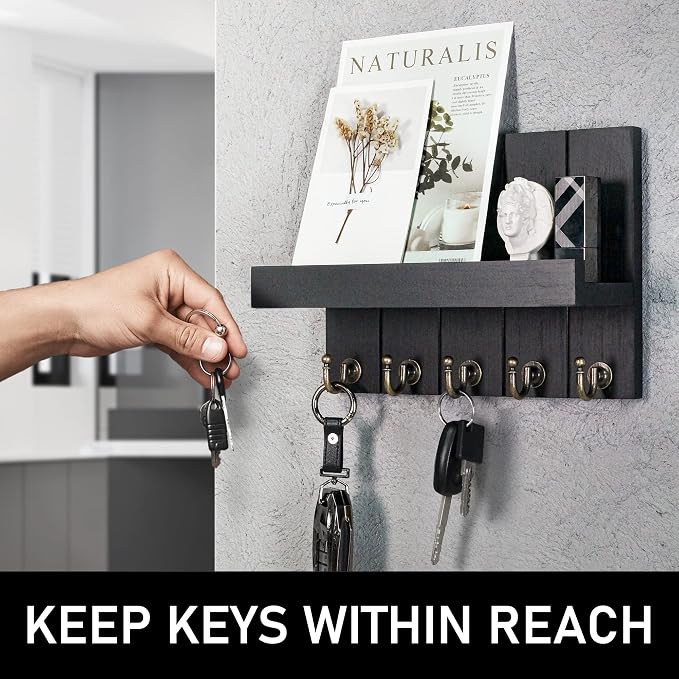 Rebee Vision Key Holder Wall Mount with Shelf &Hooks for Living Room, Black | 3.54" x 10"x 7.28", 5 Key Hooks, Floating Shelf, Display Plant, Key Holder for Wall, Apartment Essential